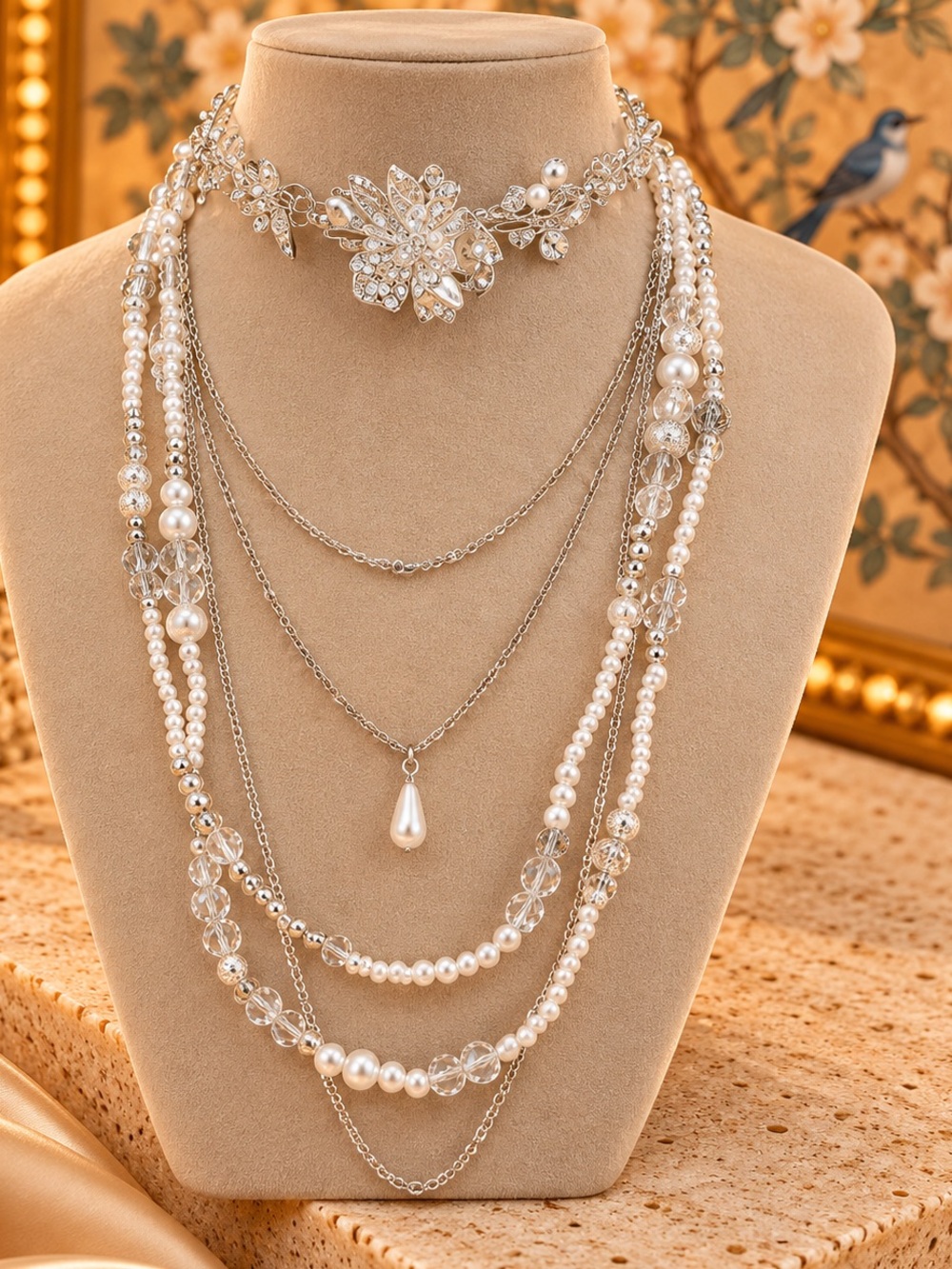 Layered Pearl Crystal Floral Statement Necklace